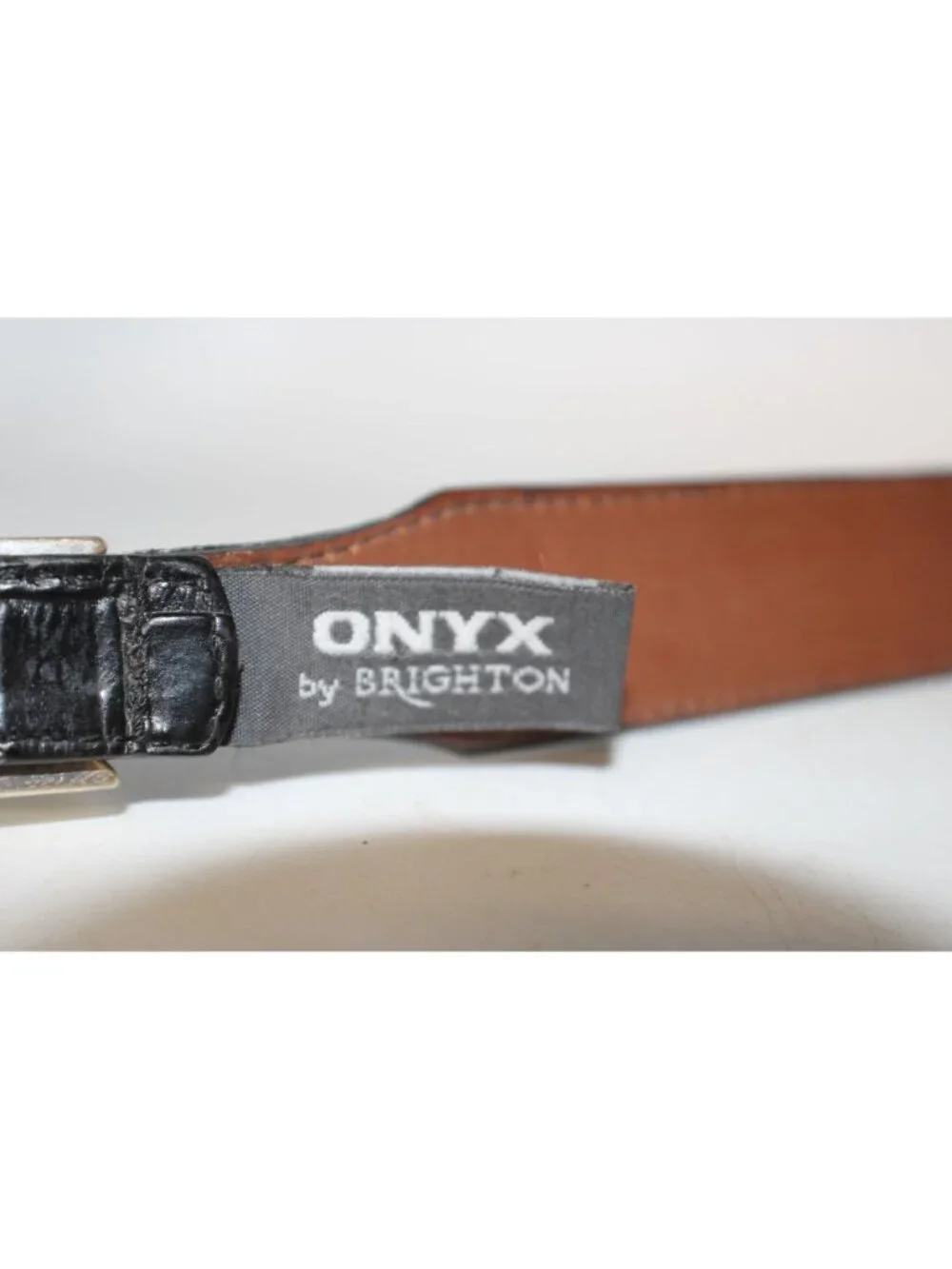 Onyx Brighton Black Leather Belt Size 40 Silver Buckle Croc Style Print USA Made